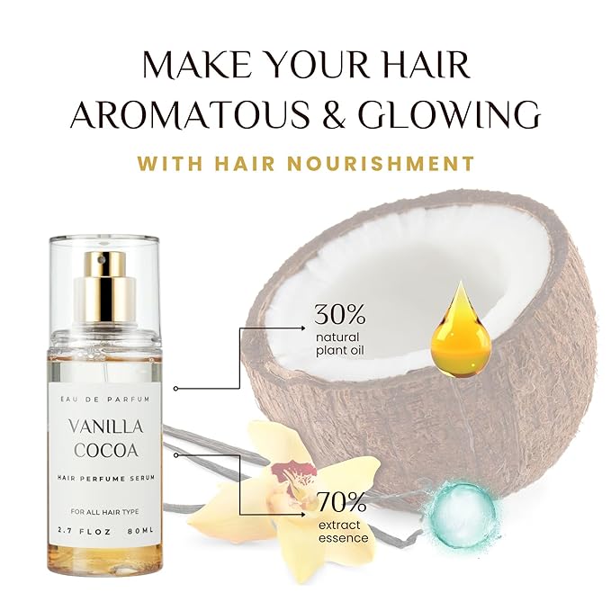 benatu Hair Perfume for Women, Summer Lightweight Long Lasting Fragrance Mist - 3:7 Hydrating Serum Alcohol Free Formula, Argan Oil Scented Hair Spray with Keratin & Elastin (Vanilla Cocoa) 2.7 fl oz
