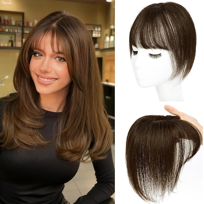 Hair Toppers for Women Real Human Hair Topper Clip in Bangs 360° Cover Remy Human Hair Straight Hairpieces for Thinning Realistic Scalp Swiss Lace Clip on Bangs Cover Gray Hairy Roots Chocolate Brown
