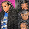 Aomllute 30 Inch Deep Wave Lace Front Wigs Human Hair 200 Density 13x4 HD Lace Frontal Wigs Human Hair Pre Plucked Deep Curly Glueless Wigs Human Hair for Women Natural Black