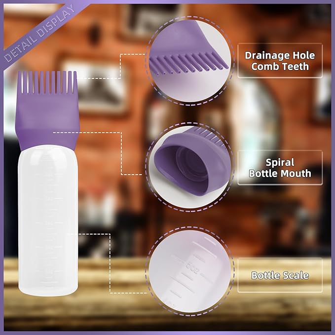 BLAAROOM Root Comb Applicator Bottles 6 Ounce, 2 Pack - Hair Oil Applicator with Dispenser, Root Comb Brush - Dark Purple