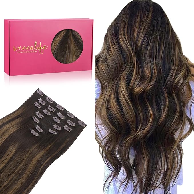 WENNALIFE Clip in Hair Extensions Real Human Hair, 18 Inch 120g 7pcs Dark Brown to Chestnut Brown Balayage Hair Extensions Clip In Human Hair Remy Clip Real Human Hair Double Weft