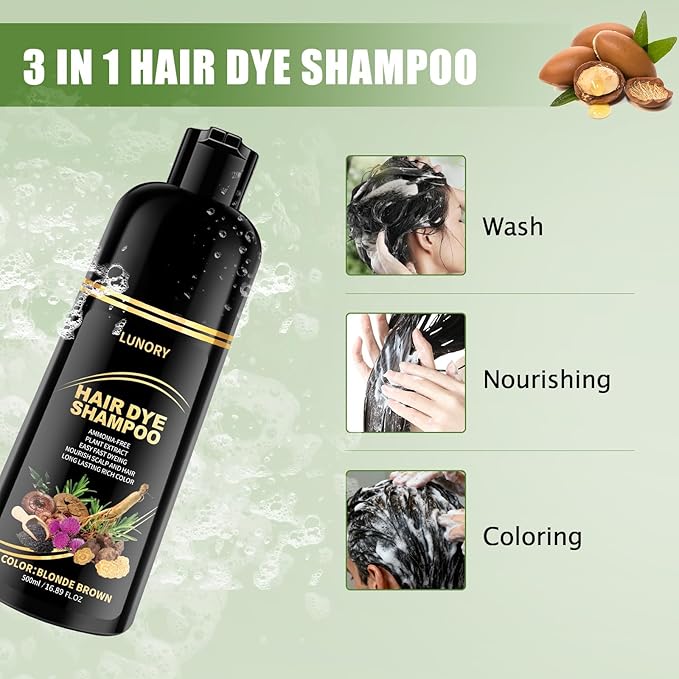 Blonde Brown Hair Dye Shampoo for Gray Coverage - 3 IN 1 Hair Color Shampoo with Argan Oil & Ginseng, Ammonia & Paraben Free, Long Lasting Semi-Permanent Natural Color for Women & Men (500ml)
