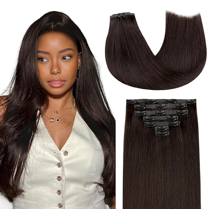 Lashey Seamless Clip in Hair Extensions Human Hair #2 Dark Brown Light Yaki Straight Clip in Extensions Real Human Hair 7pcs 110g 14 Inch PU Weft Natural Hair Extensions for Women