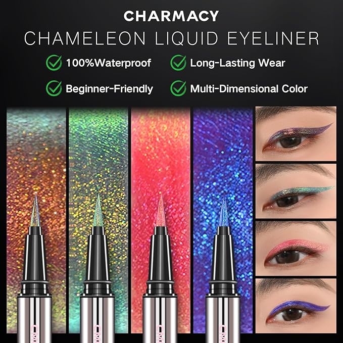 CHARMACY Chameleon Liquid Eyeliner, Liquid Glitter Eyeliner, Highly Pigmented, Metallic MultiColor Shifting waterproof Eyeliner, Ultra-Fine Tip, Longwearing, Smudge-proof (A03 Twilight Shimmer)