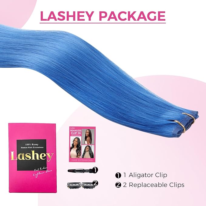 Lashey Hair Extensions Real Human Hair 48g 4pcs Blue 20 Inch Long Straight Seamless Clip in Hair Extensions Human Hair for Colored Highlight