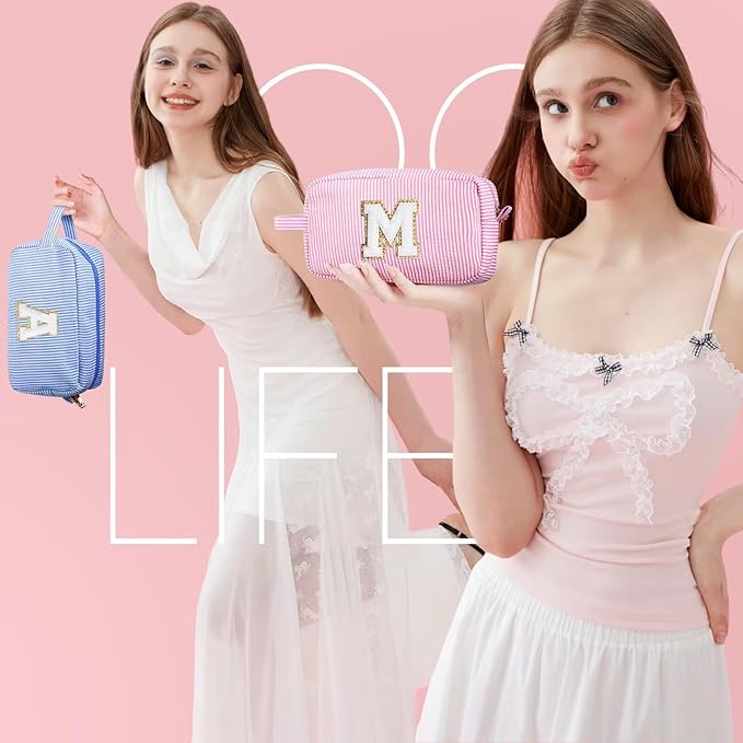 YOOLIFE Teen Girls Makeup Bag - Monogram Makeup Bags Cosmetic Toiletry Pouch Make Up Case for Women Her Best Friend Friendship Sister Teacher, Personalized Birthday Gifts for Women, Blue W