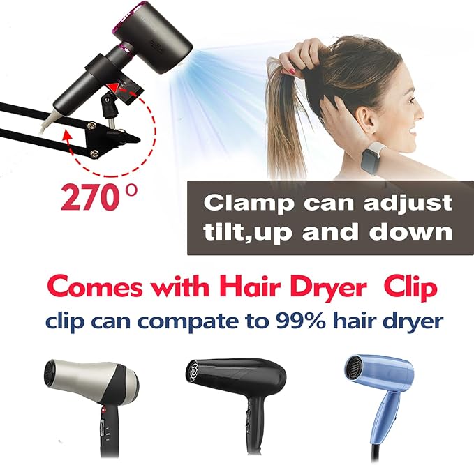 Hair Dryer Stand Holder Rotate Hands Free Hair Dryer Stand Holder，Adjustable Hands Free Blow Dryer Holder，Blow Dryer Stand Hands Free Clip Suitable for 99%