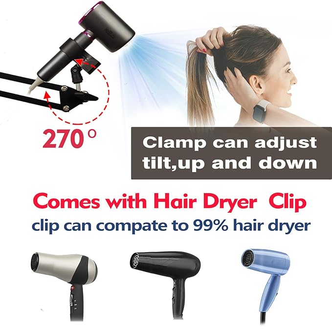 Hair Dryer Stand Hands Free 360 Rotate Hair Dryer Holder Stand Floor, Hands Free Blow Dryer Stand Clip Suitable for 99%