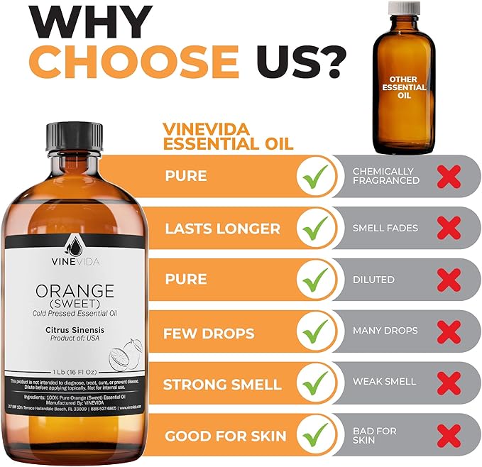 VINEVIDA Orange Sweet Essential Oil - 16 oz - Undiluted - DIY Candle Scents - Bulk for Soap Making & Skin Safe