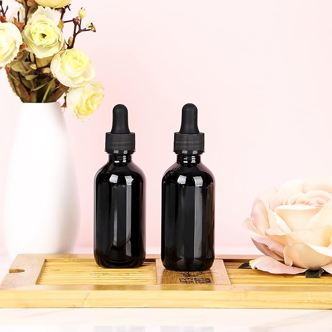 2 oz UV Resistant Dropper Bottle 48 Pack Black Glass Boston Bottles 60ml with Eye Droppers Black Caps for Essential Oils, Perfume, Leak Proof Travel Bottles for Liquids