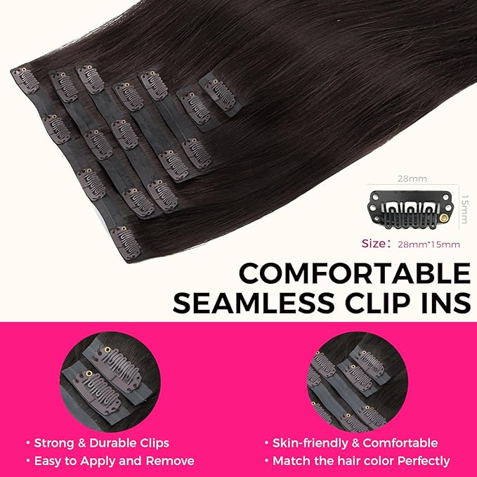 Lashey Seamless Clip in Hair Extensions Real Human Hair, 7pcs 110g Straight PU Weft Human Hair Extensions 20 Inch #2 Dark Brown Hair Extensions with Invisi Edge