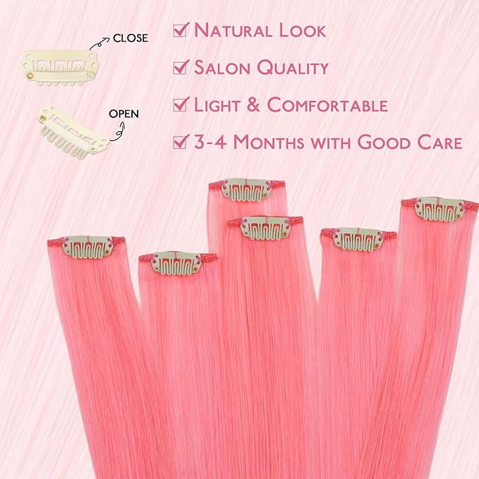 WENNALIFE Light Pink Clip in Hair Extensions Real Human Hair 35g 6pcs 18 Inch Colored Hair Extensions for Kids Women Colorful Hair Pieces Pop-up Style Straight Extensiones De Cabello Humano Con Clip