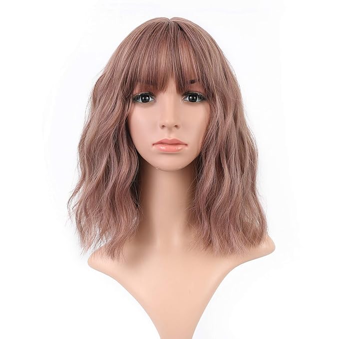 FAELBATY Brown Wig With Bangs Synthetic Cosplay Bob Wig loose wave Wig for women Costume Wigs (12" Dark Purple Color)