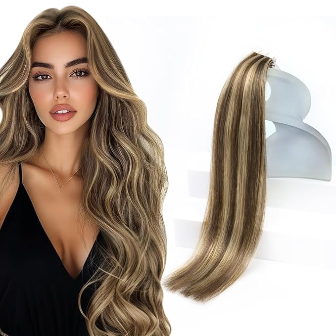 Sunny Hair Tape in Hair Extensions Real Human Hair Invisible Remy Hair Extensions Tape ins for Women Dark Brown Highlight Caramel Blonde 12 inch 20Pcs