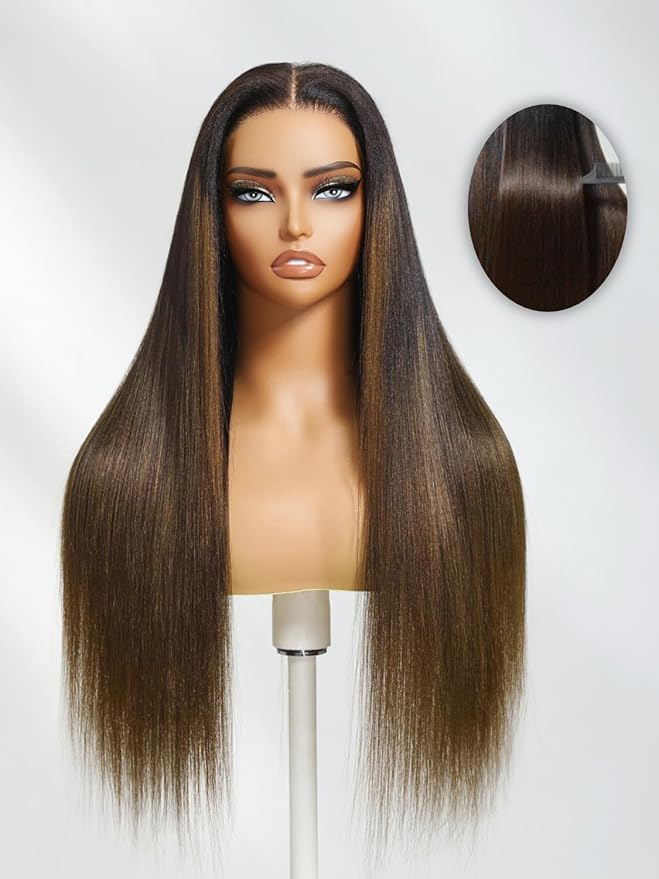 YIROO Bye Bye Knots Chestnut Brown Ombre Light Yaki Straight Wig Human Hair,7x5 Lace Front Glueless Wig with Drawstring,Pre Cut Pre Plucked Pre Bleached Knots Natural Hairline Wig for Women 22Inch
