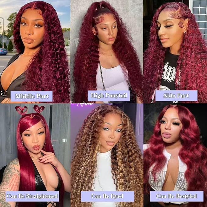32 Inch Burgundy Wig Human Hair 13x6 Deep Wave HD Lace Front Wigs Human Hair 200 Density 99j Burgundy Lace Front Wigs Pre Plucked Red Colored Curly Wig with Baby Hair