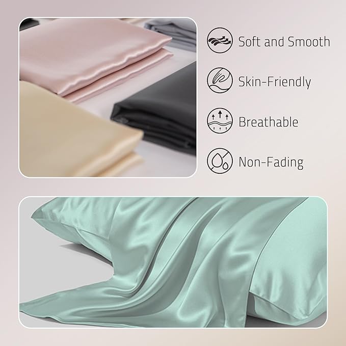 Mulberry Silk Pillowcases Set of 2, Both Sides Real Silk Pillowcase for Hair and Skin Prevent Acne Organic Silk Pillow Cases 2 Pack with Hidden Zipper, Sage Green, Standard (20"×26")