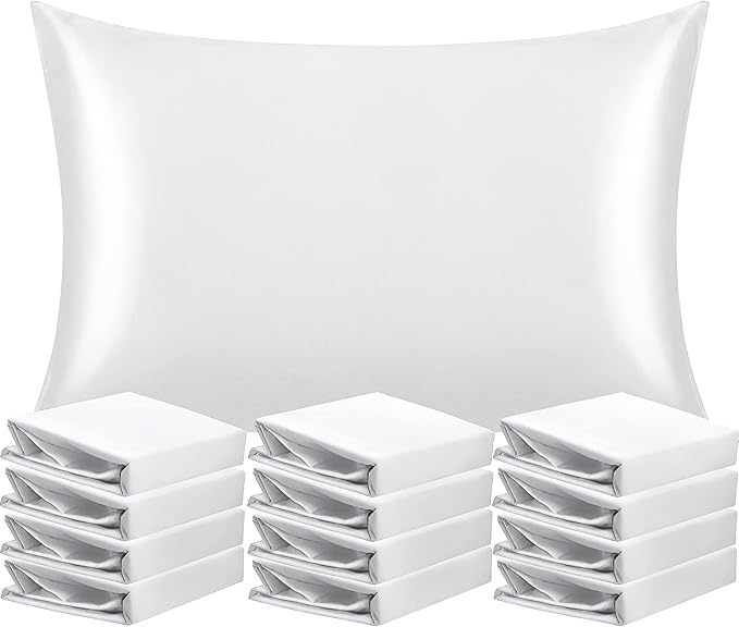 NTBAY 12 Pack Satin Queen Pillowcases for Hair and Skin, Luxurious and Silky Pillow Cases with Envelope Closure, 20 x 30 Inches, White