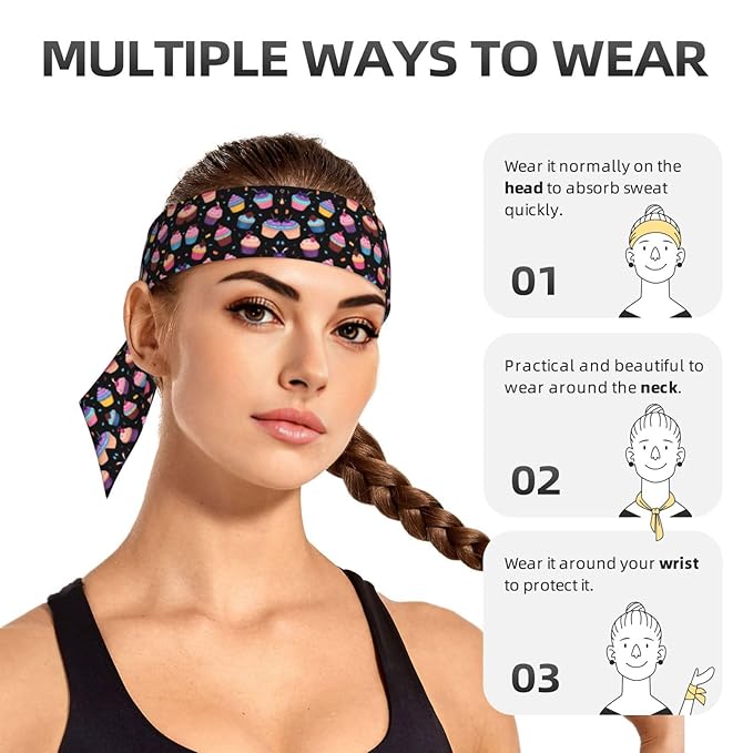 Men Women Sports Sweat Bands, Boho Style Elastic Hair Band for Running Travel Spa, Novelty Space Galaxy Ice Cream Cake Black Headdress Head Accessories