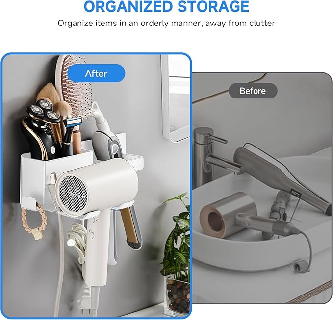 Hair Dryer Holder,Stainless Steel Wall Mounted Blow Dryer,Curling Iron,Straightener Holder Bathroom Metal Hair Tool Organizer Rack- White