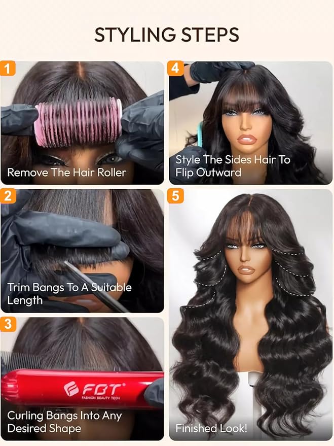 Julia Hair Bye Bye Knots Curtain Bangs Wig Glueless Fluffy Natural Loose Wave Pre Cut 7x5 HD Lace Front Wigs Invisible Pre Plucked Pre Everything Body Wave Put on and Go Wig for Women 26 Inch