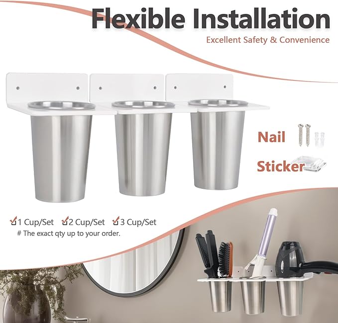 Hair Tool Organizer Wall Mount, White Hair Dryer Holder Acrylic and 3 Cup, Hair Tool Holder for Hair Curling Storage, Curling Iron Organizer, Blow Dryer Storage for Vanity Bathroom