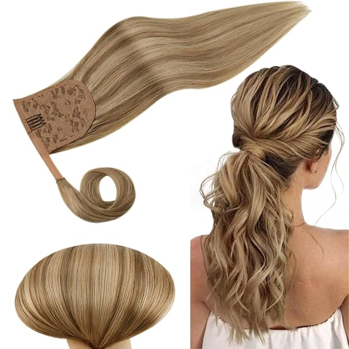 RUNATURE Human Hair Ponytail Extension Dark Blonde with Caramel Blonde Hair Ponytail Extension Human Hair with Magic Paste Short Straight Pony Tails Hair Extensions Straight Full Ends 14 Inch 70g