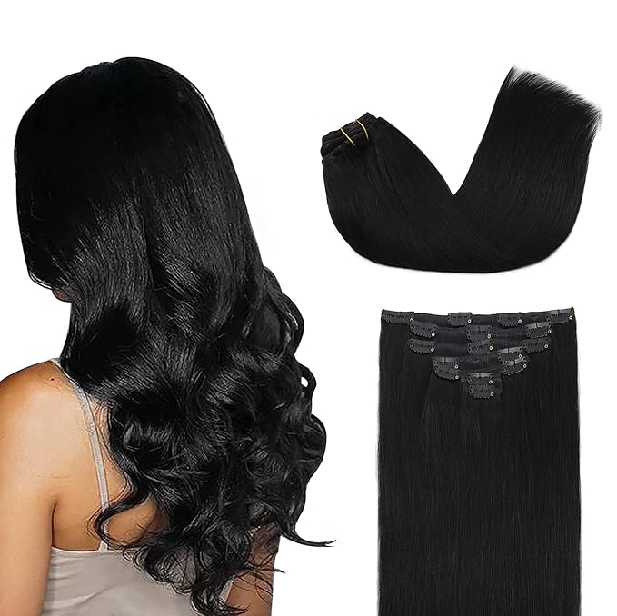 GOO GOO Clip in Hair Extensions Real Human Hair, Remy Human Hair Extensions Clip ins for Women, Natural Human Hair, 22inch 120g 7Pcs, 1 Jet black