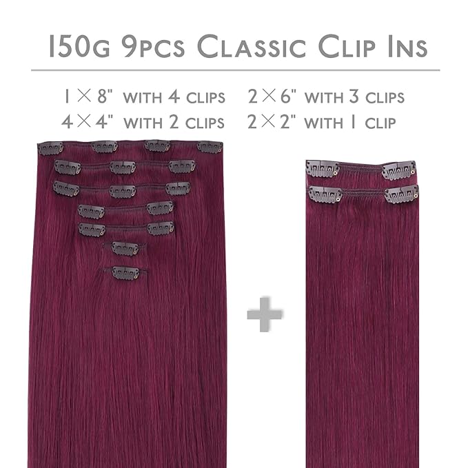 WENNALIFE Light Burgundy Human Hair Extensions - 150g 18 Inch 9pcs Thicker Clip in Set Double Weft Real Human Hair