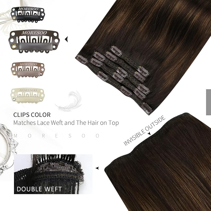 Moresoo Clip in Hair Extensions Remy Double Weft Human Hair Clip in Extensions Balayage Straight Hair Extensions for Women Ombre Dark Brown with Chestnut Brown 5pcs 80g 12inch