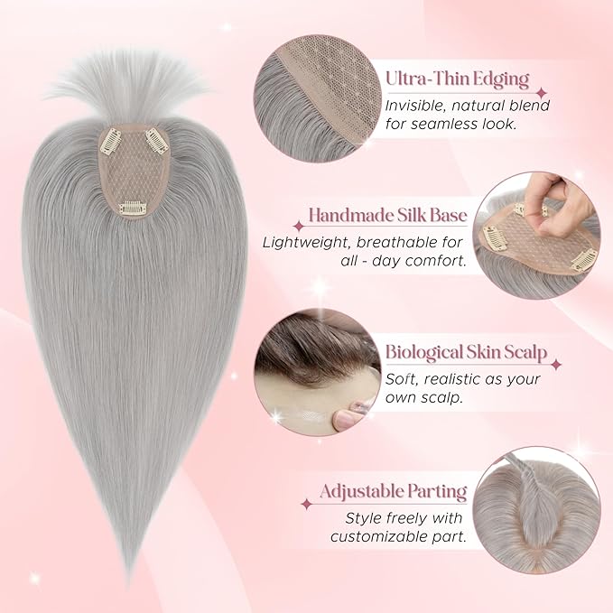 Real Human Hair Toppers for Women 3.54"*4.72" Silky Base 150% Density With Bangs Adjustable Parting Clip-In Topper Hairpieces for Women with Thinning Hair 14 Inches Silver Grey