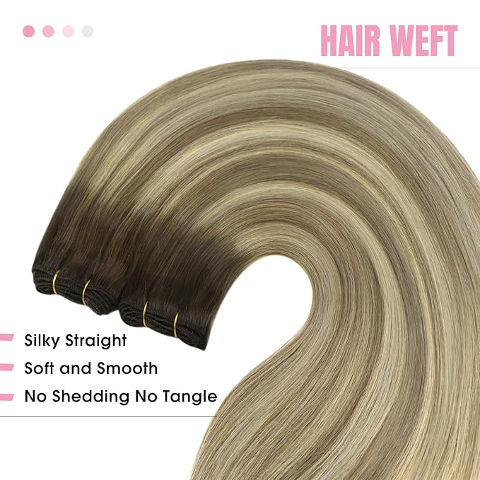 YoungSee Weft Hair Extensions Human Hair Brown Ombre Human Hair Sew in Extensions Walnut Roots to Light Brown with Blonde Balayage Weft Hair Extensions for Full Head 16Inch 100G
