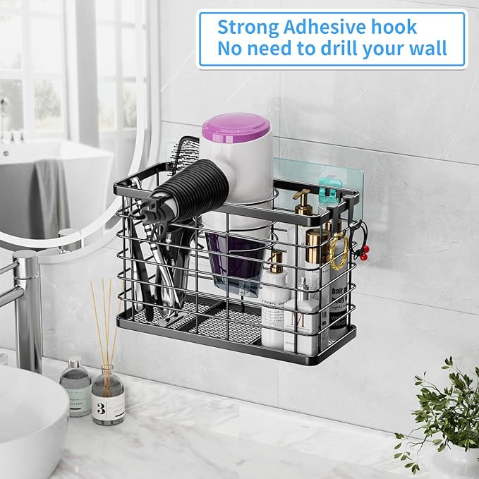 OVICAR Hair Dryer Holder - 3-in-1 Hair Tool Organizer Blow Dryer Holder Adjustable Height Wall Mounted/Cabinet Door Bathroom Organizer Storage for Hair Dryer, Flat Irons, Curling Wands, Straighteners