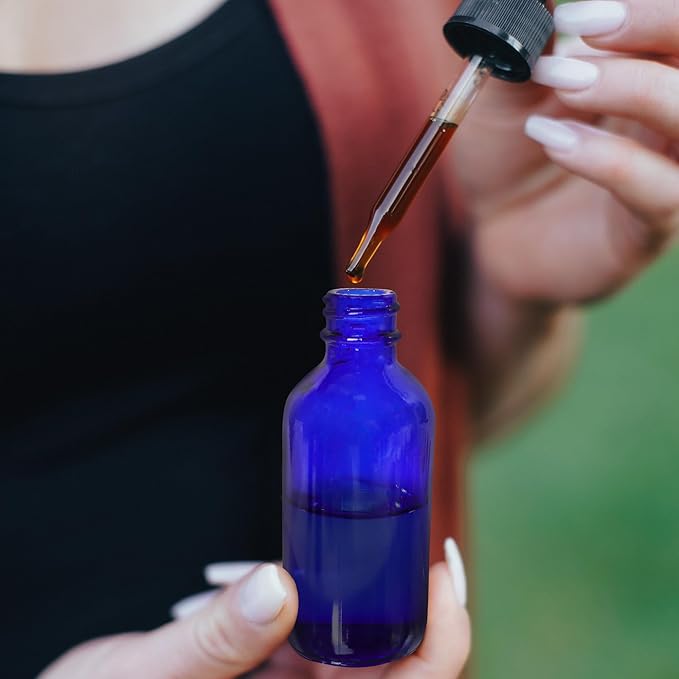 48 Pack 2oz Cobalt Blue Glass Bottles with Glass Eye Droppers for Essential Oils, Perfumes & Lab Chemicals (Brush, Funnels, 2 Extra Droppers, 54 Pieces Labels & 30ml Measuring Cup Included)