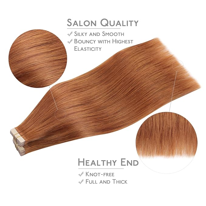 WENNALIFE Tape in Hair Extensions, 40pcs 120g 26 Inch Dirty Ginger Human Hair, Straight Invisible Reusable Real Extensions