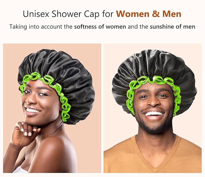 mikimini Extra Large Black Shower Cap for Women and Men Thick Long Hair Braids, Reusable Waterproof Double Layers XL Bathing Hair Caps with Vibrant Green Edge (Black)