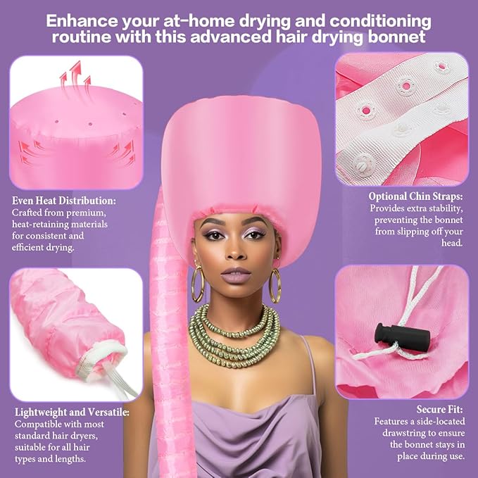 Hooded Hair Dryer Bonnet - Fast-Drying Bonnet Hair Dryer for Natural Hair, Deep Conditioning, Styling, & Curl Enhancing - Adjustable Fit, Heat Distribution, Portable & Lightweight for Travel（Pink）