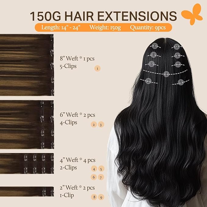 DOORES Hair Extensions Real Human Hair, Balayage Dark Brown to Chestnut Brown 20 Inch 9pcs 150g, Remy Hair Extensions Clip in Human Hair Extensions Clip ins Natural Hair Extensions Thick Straight Hair