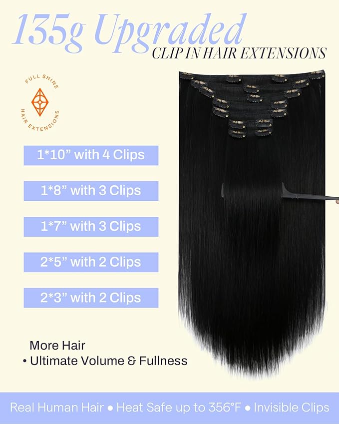 Full Shine Clip in Black Hair Extensions Black Human Hair Clip in Extensions for Concert for Volume 135 G 16 Inch 7 Pcs