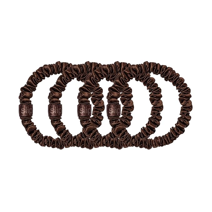 slip Silk Skinny Scrunchies - Dark Brown | Set of 4 Skinny Scrunchies | 100% Mulberry Silk, Anti-Crease, Gentle on Hair, Reduces Breakage | Stylish & Durable, Ideal for All Hair Types