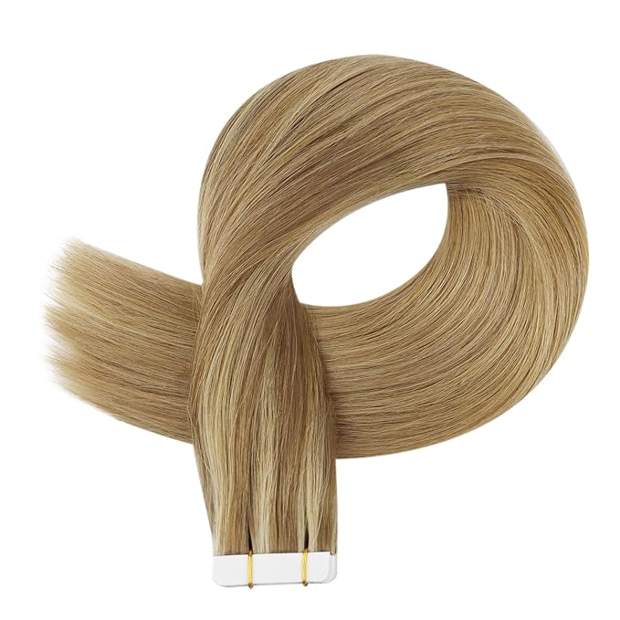 Full Shine Tape in Hair Extensions 14 Inch Remy Seamless Tape Ins Human Hair Extensions Color 10 Golden Brown and 16 Golden Blonde to 16 Blonde 20PCS 50 Grams for Party
