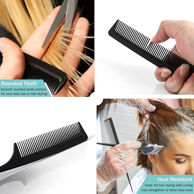 6 Pieces Carbon Fiber Hair Combs Set, General Styling Grooming Combs, Anti Static Heat Resistant Hairdressing Comb, Fine and Wide Tooth Hair Barber Rat Tail Comb