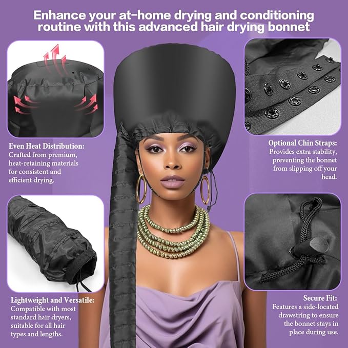 Hooded Hair Dryer Bonnet - Fast-Drying Bonnet Hair Dryer for Natural Hair, Deep Conditioning, Styling, & Curl Enhancing - Adjustable Fit, Heat Distribution, Portable & Lightweight for Travel（Black）