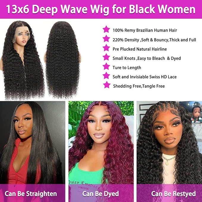 13x6 Deep Wave Lace Front Wigs Human Hair Pre Plucked Deep Curly Wig Human Hair Pre Plucked with Natural Hairline Wet and Wavy Lace Frontal Wig Natural Color 210% Density 30Inch