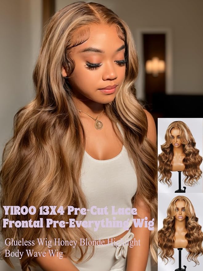 YIROO Pre Everything Wig Honey Blonde 13X4 Pre Cut Lace Front Glueless Human Hair Wigs Body Wave Brown Blonde Highlight Ombre Pre Bleached Invisible Bye Bye Knots Wig Pre Plucked 150% Density 26Inch