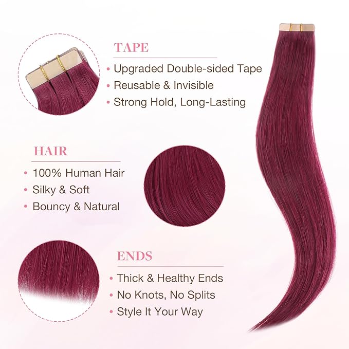 GOO GOO Tape in Hair Extensions Human Hair, Burgundy Red, 12inch 20g 10pcs, Colored Tape ins Human Hair Extensions, Silky&Soft Invisible Tape Ins, Hair Highlighted for Party