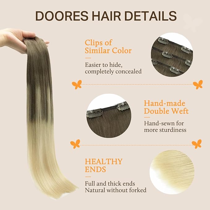 DOORES Human Hair Extensions Clip in, Ash Brown to Platinum Blonde 14 Inch 120g 7pcs, Real Clip in Hair Extensions Straight Natural Weft