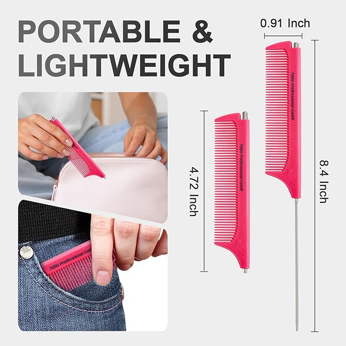 Rat Tail Combs for Parting, Protable Retractable Rat Tail Comb, Parting Combs for Hair Stylist, Fine Tooth Teasing Comb Stainless Steel Pin Tail, Easy to Carry (1 Pack-Pink)