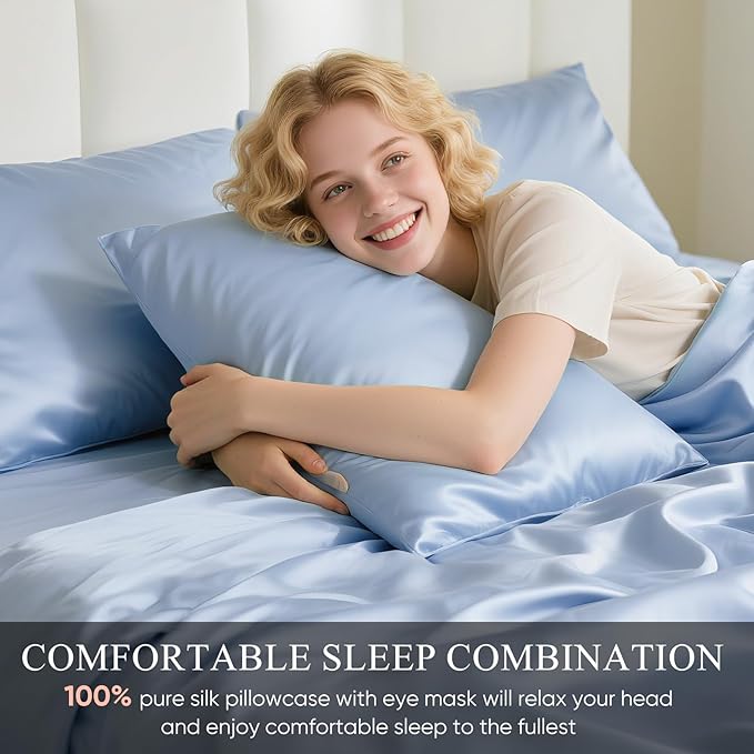 100% Mulberry Silk Pillowcase 22 Momme (SGS Certified) with Free Silk Eye Mask - Luxury Gift-Ready Folded Packaging, Cooling Pillow Cover for Hair & Skin Care (Ash Blue, Standard (1 Pack))