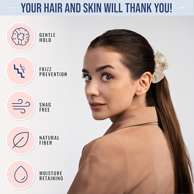 Blissy Silk Scrunchies (3 Pack) - 100% Pure Mulberry Silk - 22 Momme 6A High-Grade Fibers Scrunchie for Straight & Curly Hair - Preventing Breakage, Tangling, & Creasing (Champagne Skinny)